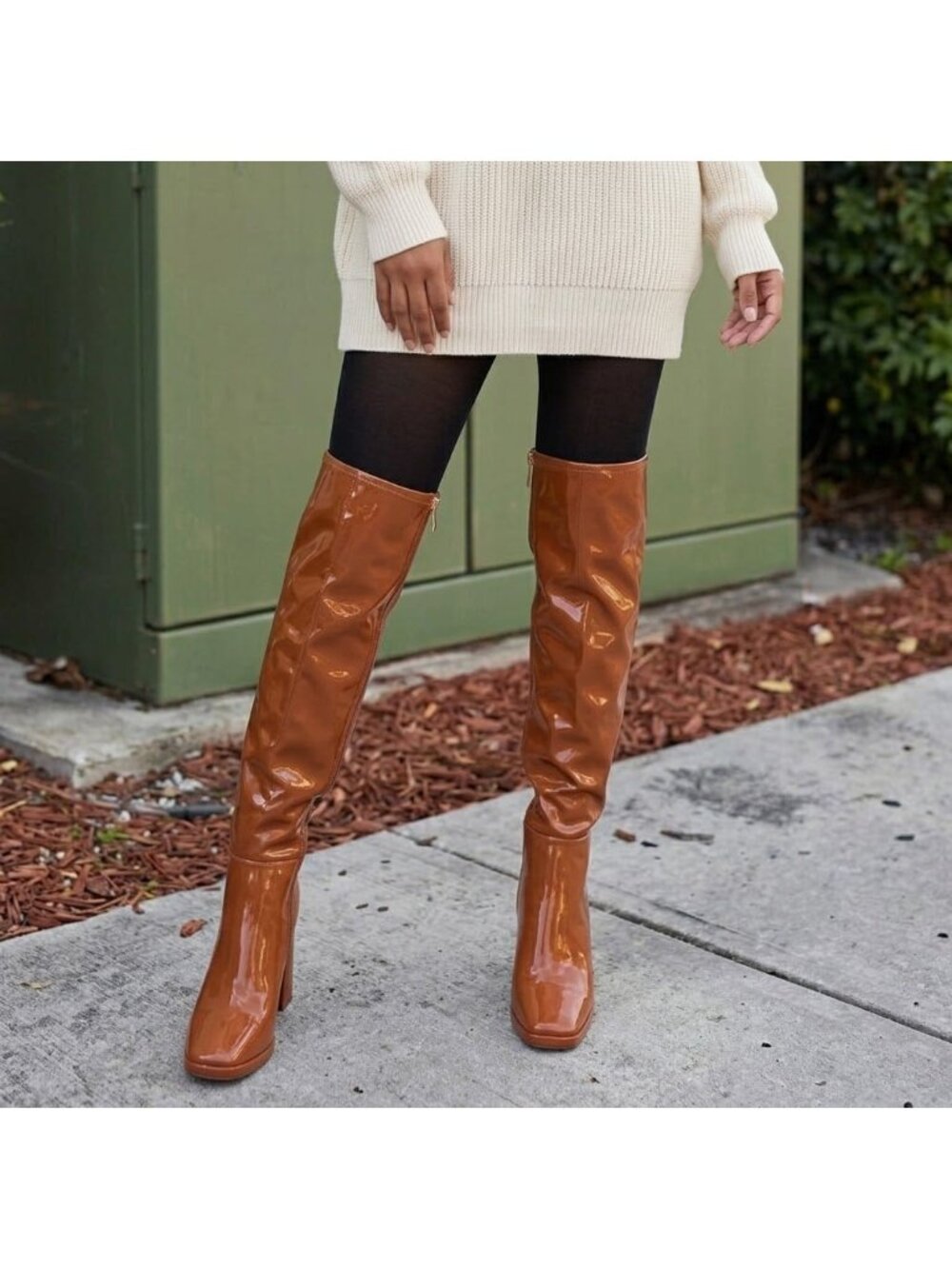 High-Gloss Brown Knee-High Boots With Block Heel Side Zipper And Square Toe Desi - Picture 5 of 8
